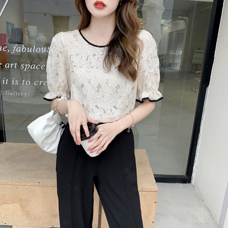 【tops】美人度アップラウンドネック半袖レース配色着回しファッションブラウス