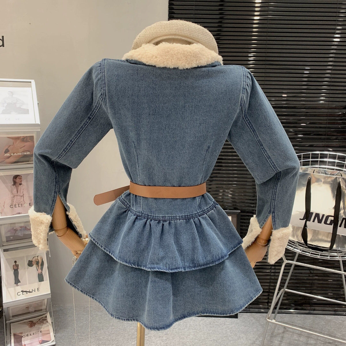 【dress】ファー付きデニムワンピース 　N2168