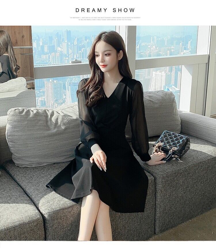 【dress】フランス風 気質満点レトロシフォン切り替えスリットワンピース G1675