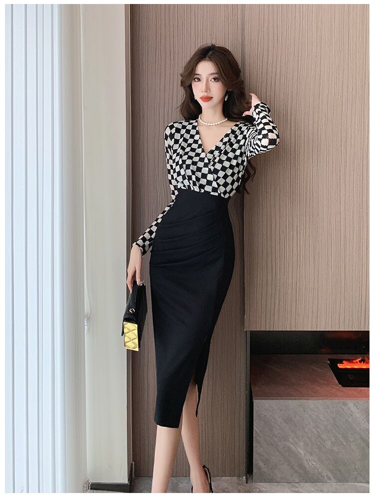 【dress】Vネック長袖切り替えワンピースG16919