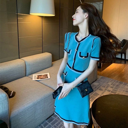 【dress】ラウンドネック半袖ニットワンピースF7335