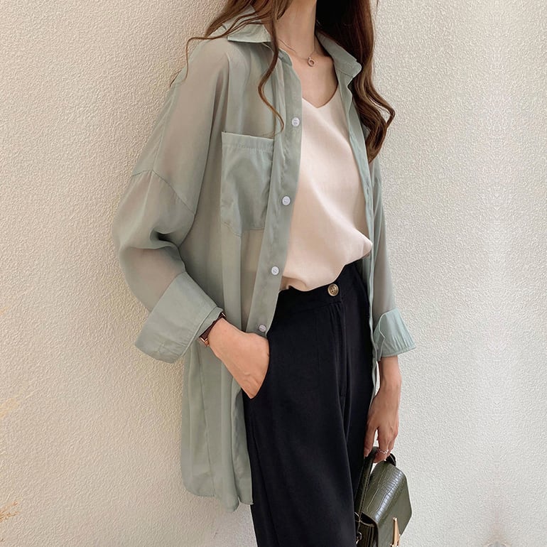 【tops】流行アイテム！折り襟紫外線対策日焼け対策シンプル長袖無地ゆったり着回しシャツF0093