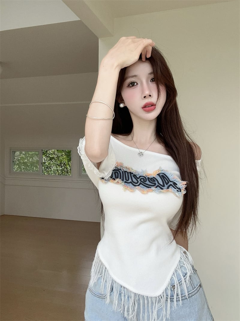 【tops】フリンジニットTシャツトップスG21341