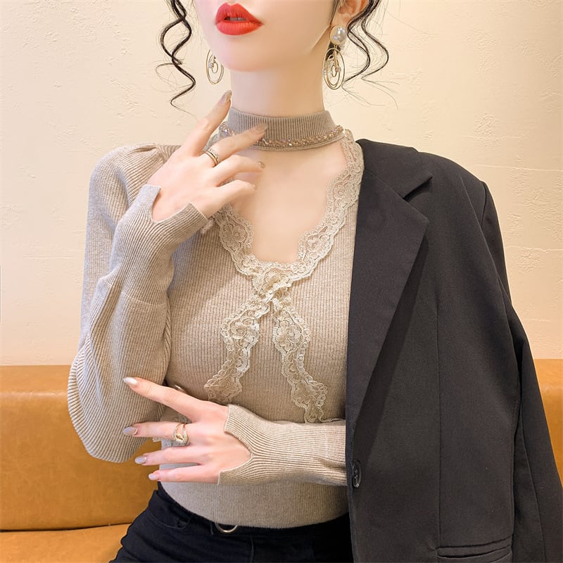 【tops】ビジューレース切り替えニットトップス　M27732