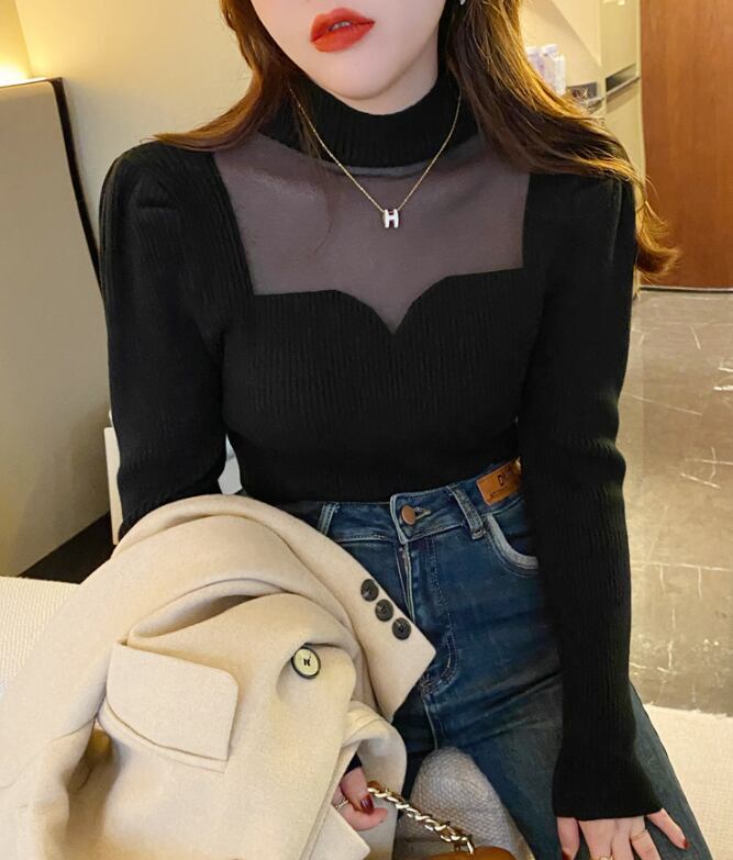 【tops】韓国風3色ハーフネック長袖レース切り替え着回しニットセーターF4418