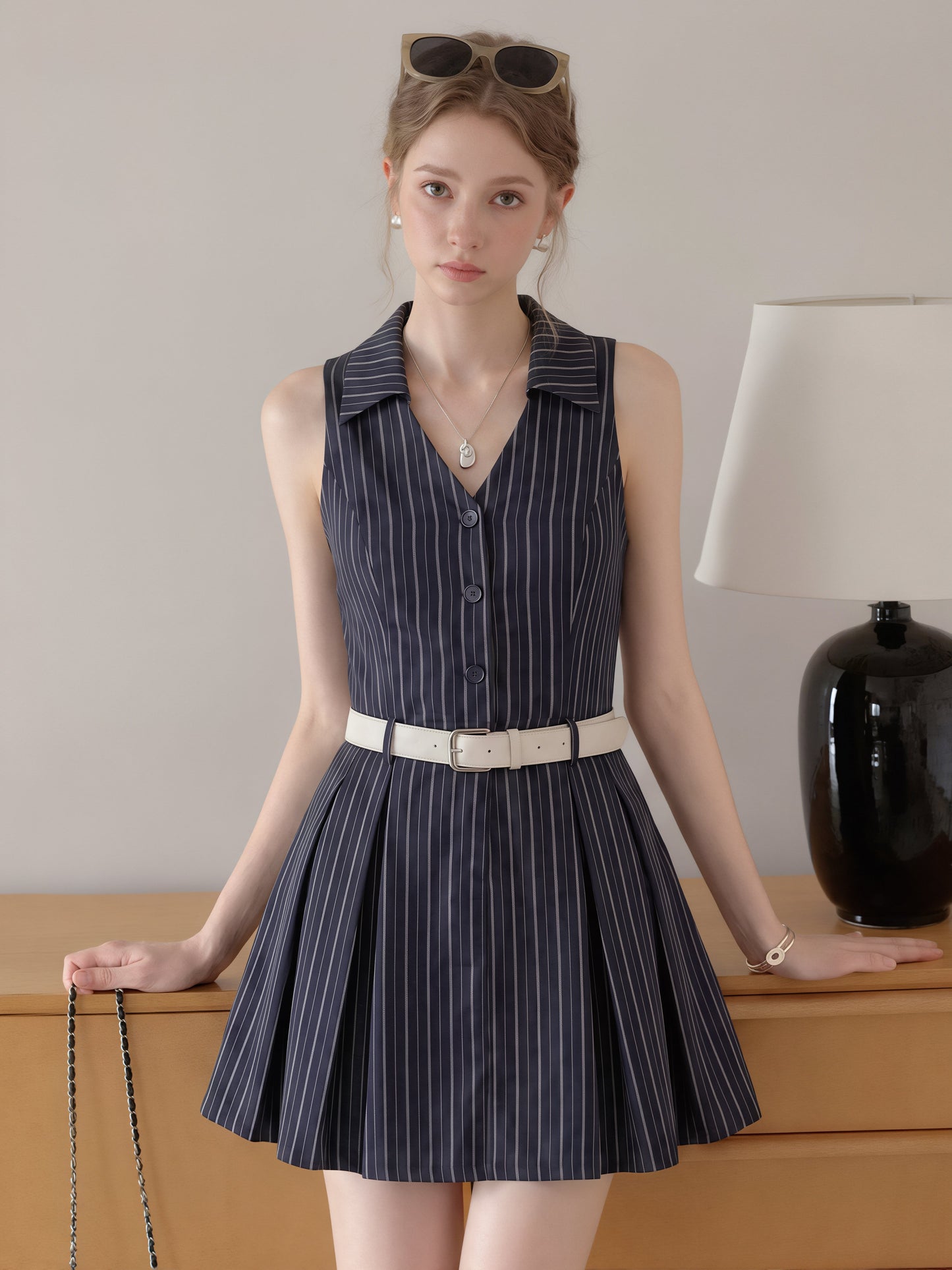 【dress】ノースリーブストライプ柄シャツワンピース Q8829