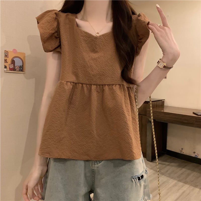 【tops】5色フレンチスリーブフリルブラウスF7483