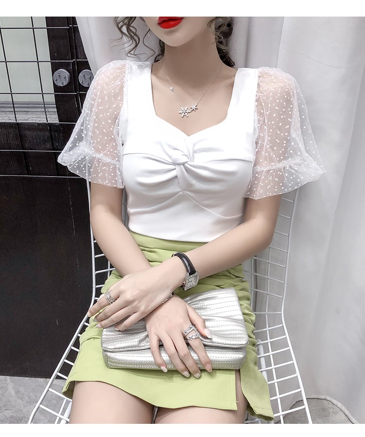 【tops】韓国風INS風スクエアネックメッシュ半袖着やせ無地TシャツF2235