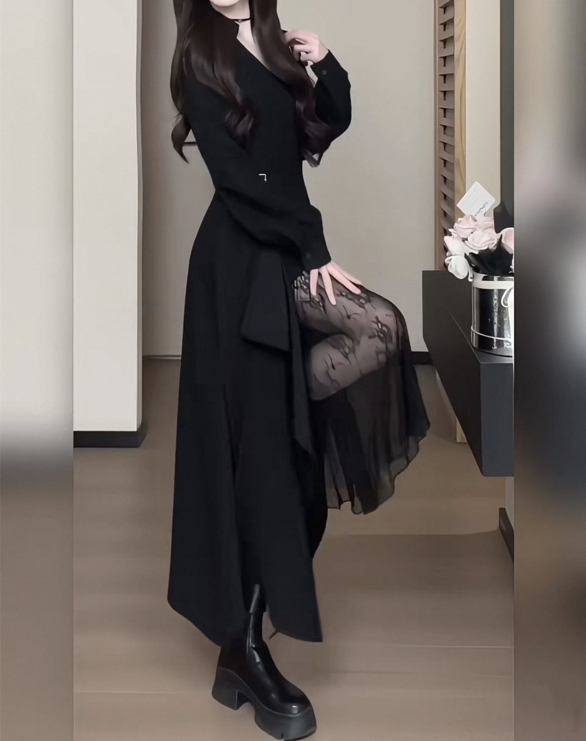 【dress】レースドッキングイレヘムワンピース　N3296