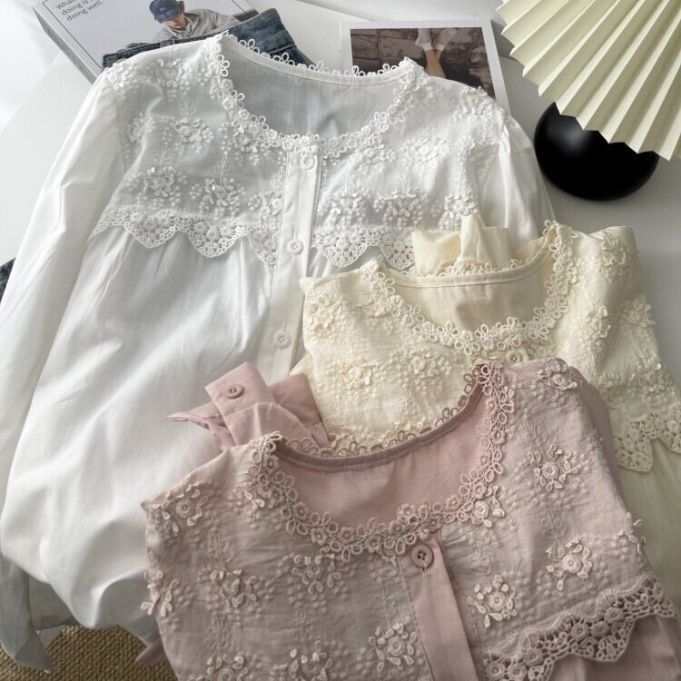 【tops】刺繍レース切り替えシャツブラウス　M29739