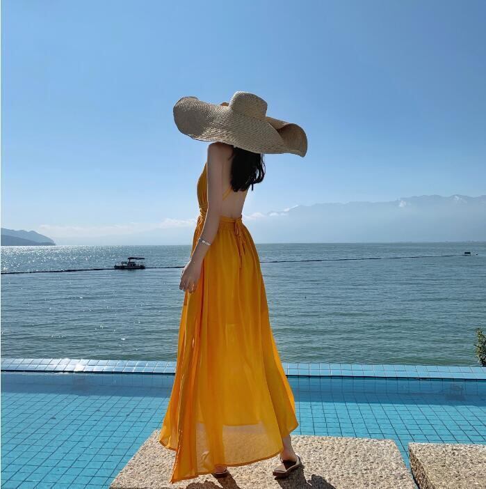 【dress】Vネック海旅行バックレスワンピースF7267