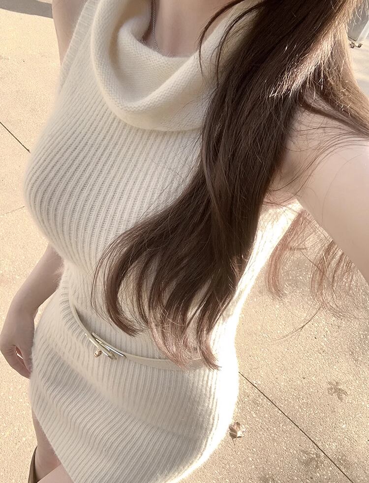 【dress】ベルト付きハイネックノースリーブニットワンピース Q7640