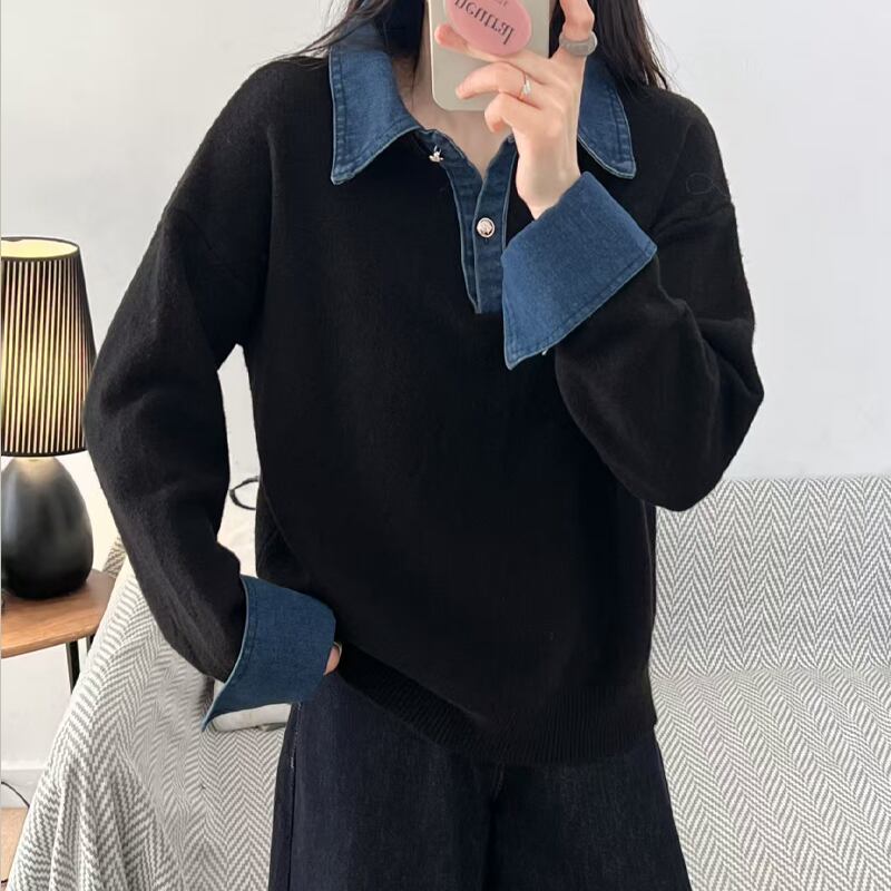 【tops】デニムドッキングニットトップス Q7216
