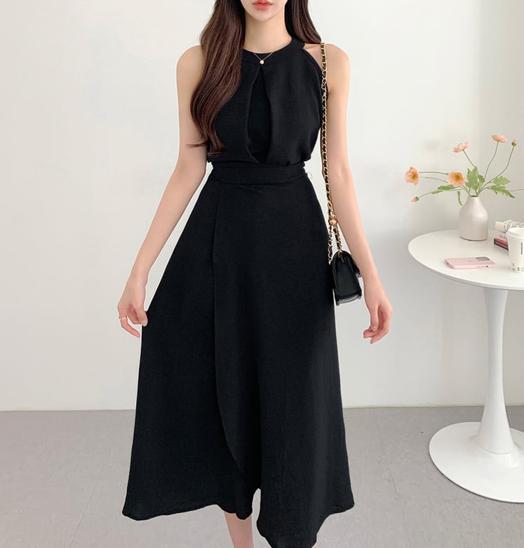 【set】ラウンドネック無地タンクトップ+スカート通勤日常セットアップF5158