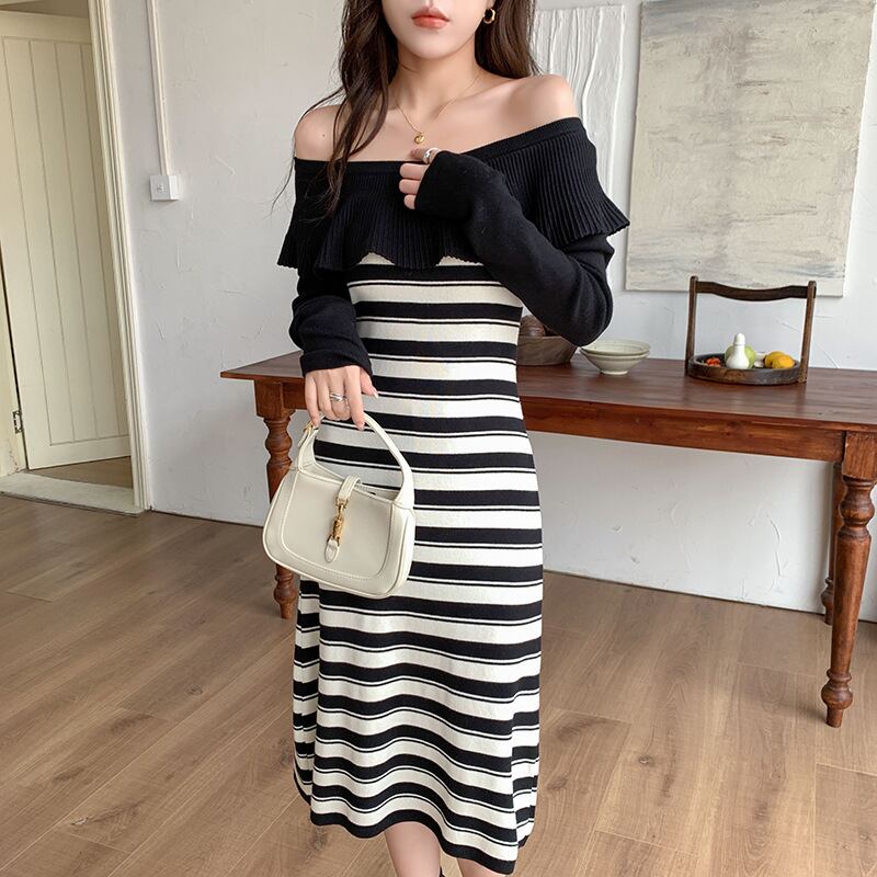 【dress】ボーダー柄ニットワンピース　M18815