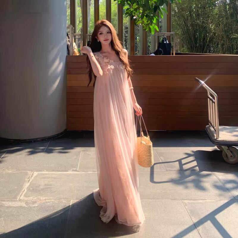 【dress】レースドッキングワンショルダーロングワンピース Q8444