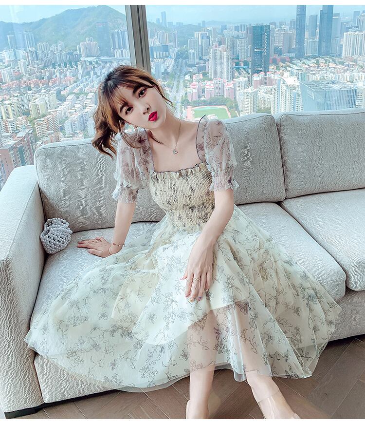 【dress】気質満点清新スウィートシフォン着痩せ花柄 ワンピース G1281