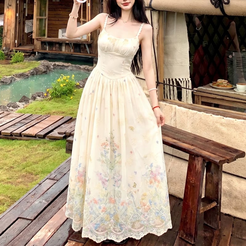 【dress】フラワー柄レース刺繡キャミワンピース Q8506