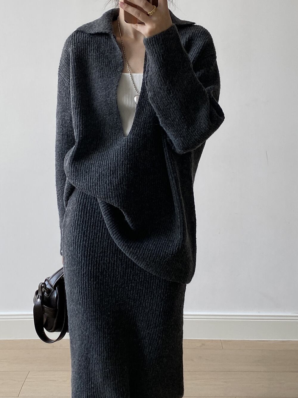 【set】Vネックニットトップス×ロングスカートセット　N3441