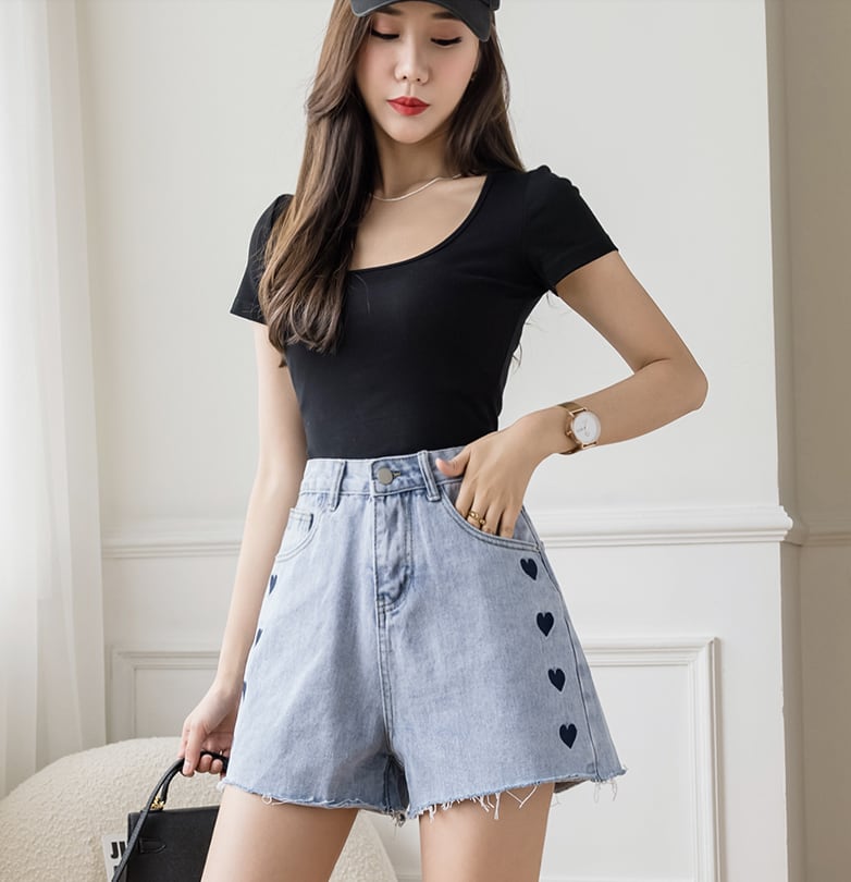 【bottoms】一目惚れ！INS風無地合わせやすい韓国ファッションハート柄ショートパンツF0229