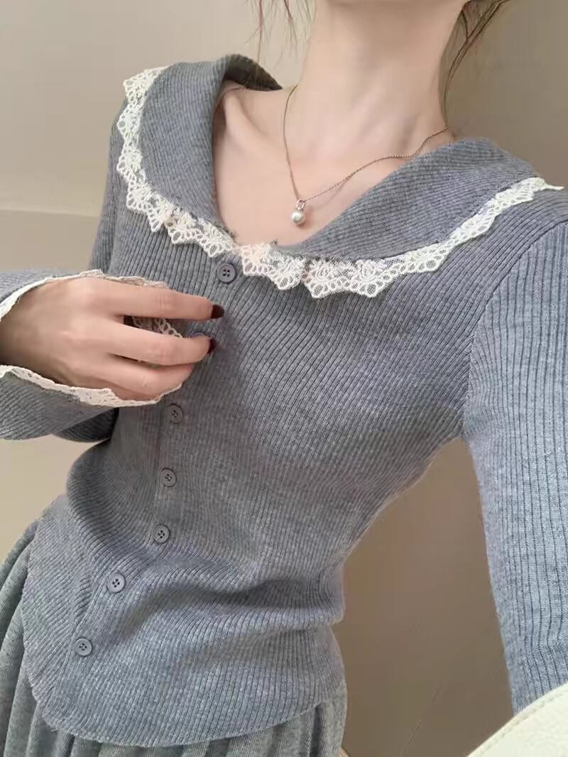 【tops】レース切り替えニットカーデ　M27552