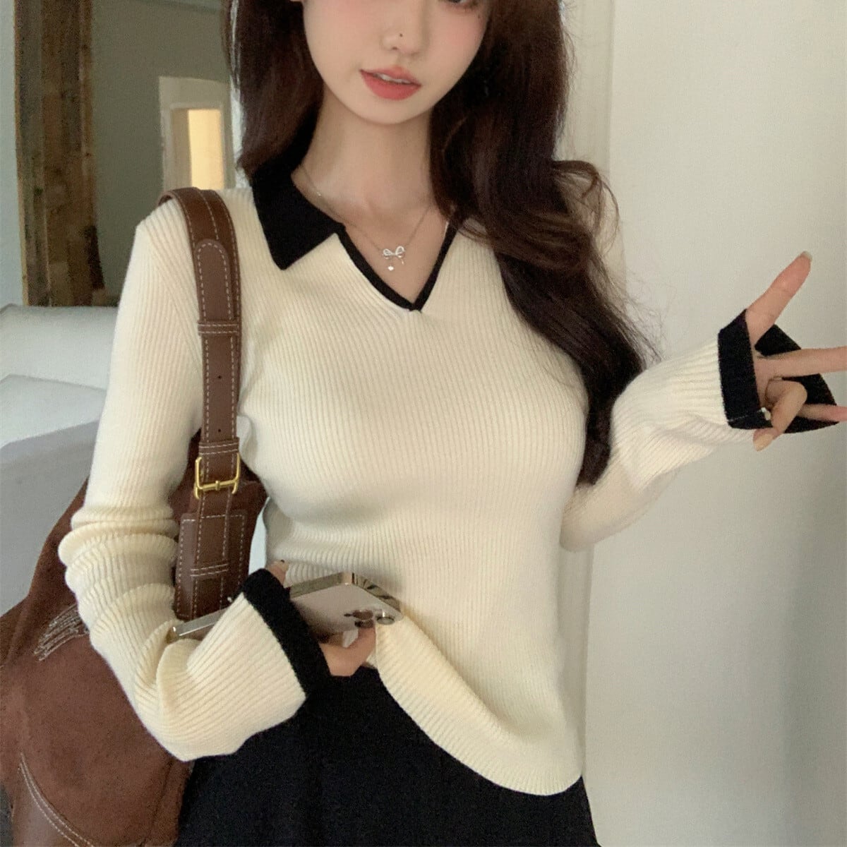 【tops】POLOネックニットトップス　M28677
