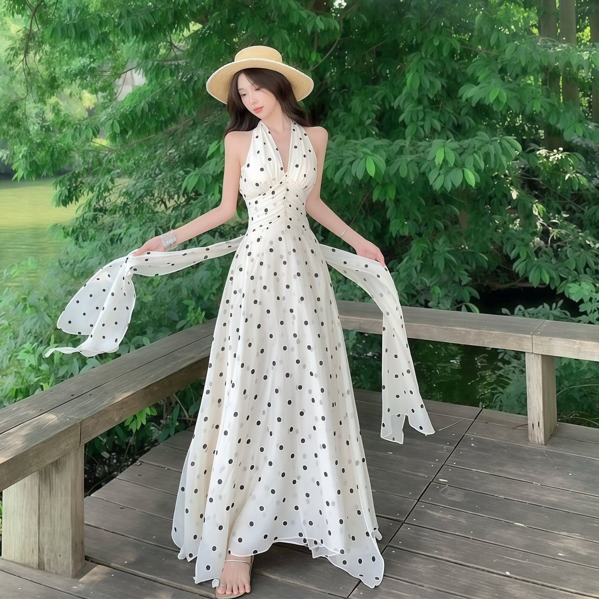 【dress】ホルターネックドット柄ワンピース　M32167