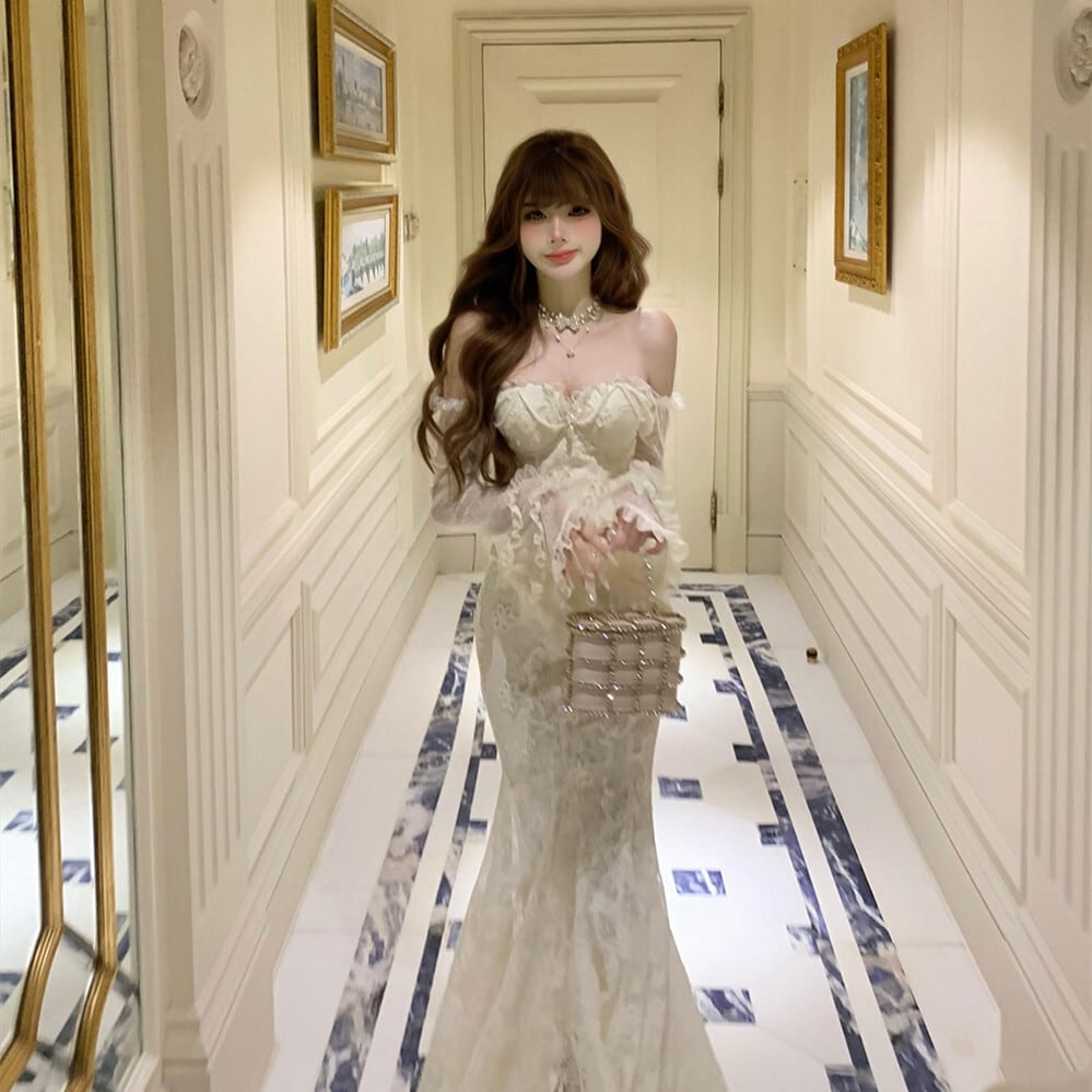 【set】ベルスリーブレーストップス×マーメイドスカートセット N3414