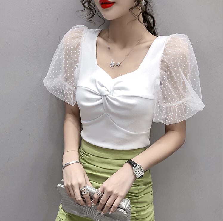 【tops】韓国風INS風スクエアネックメッシュ半袖着やせ無地TシャツF2235