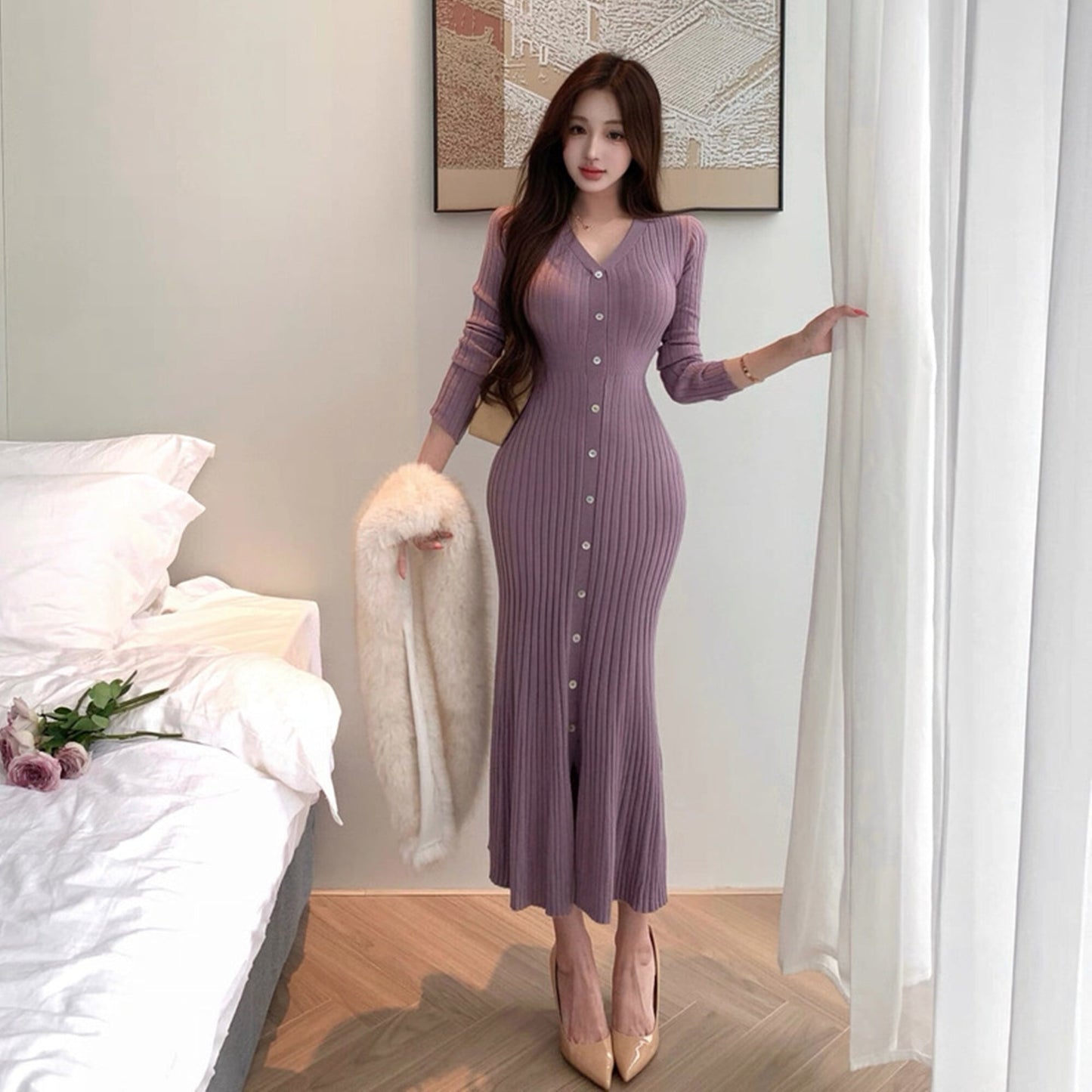 【dress】Vネックニットワンピース Q7651