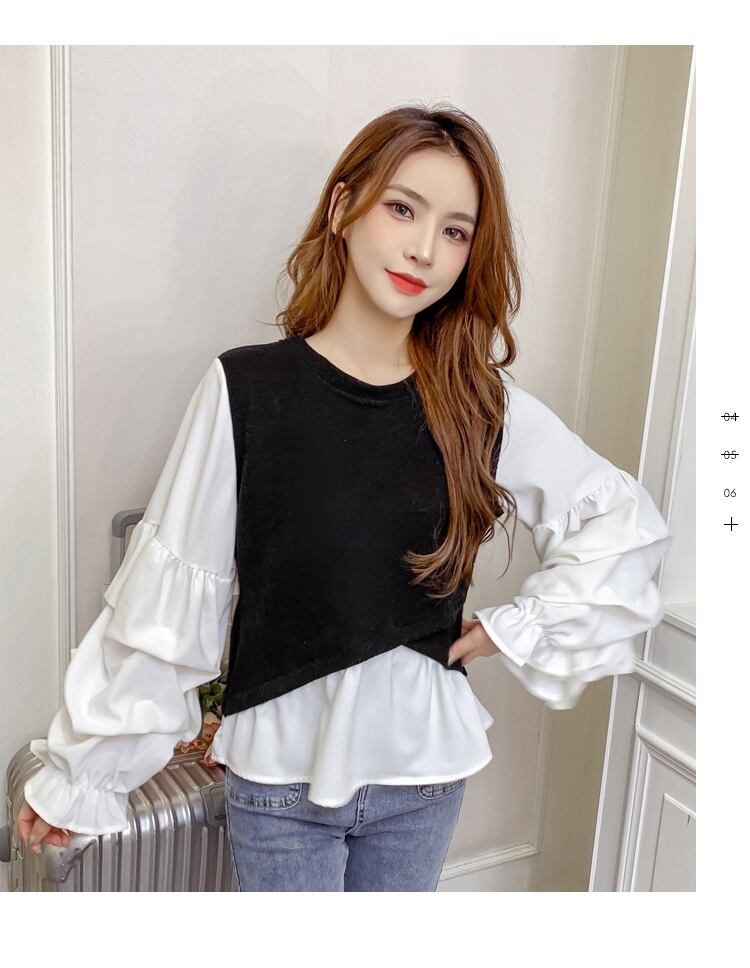 【tops】韓国ファッション早秋新作ラウンドネック長袖パフ袖偽二つ切り替えニットブラウスF0743