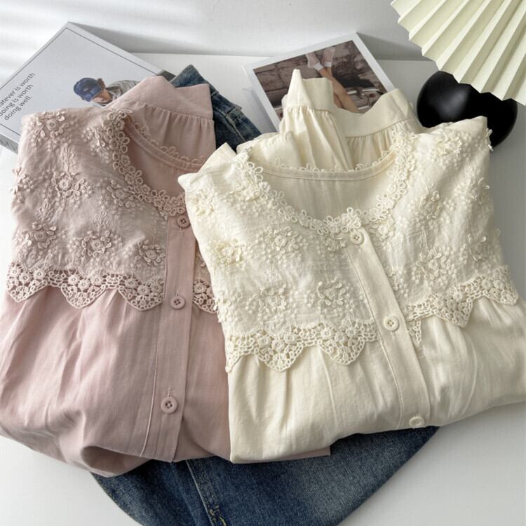 【tops】刺繍レース切り替えシャツブラウス　M29739