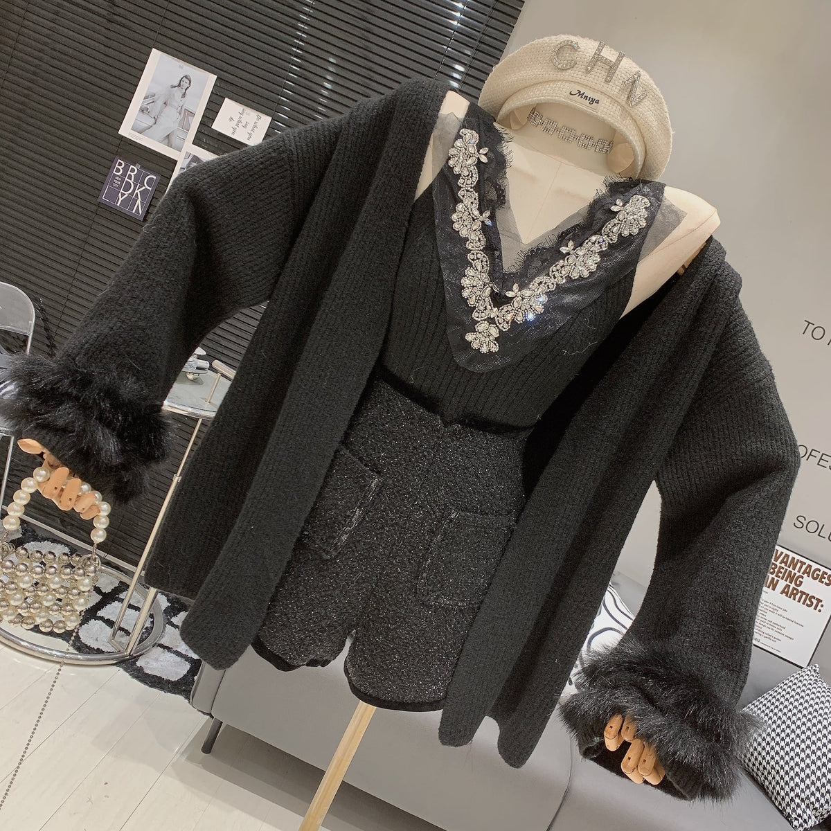 【set】袖ファーカーディガン×ビジュー付きタンクトップニットセット　N2925