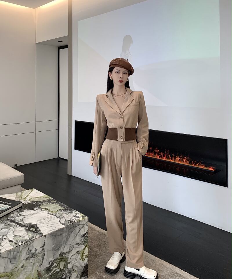 【set】絶対欲しい!気質満点レトロシンプル長袖アウター+ハイウエストパンツ２点セット G3989