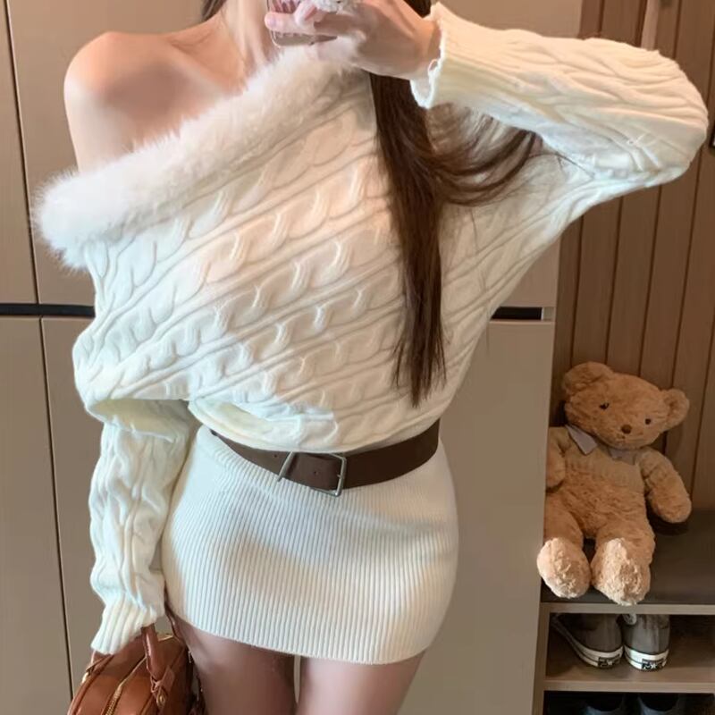 【dress】ファードッキングオフショルダーニットワンピース Q7731