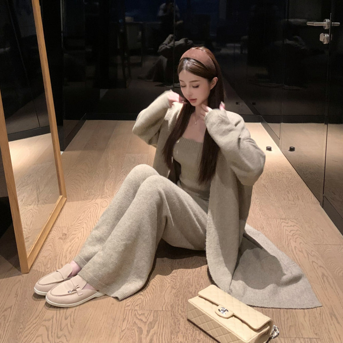 【set】ロング丈カーディガン×ベアトップ×ワイドパンツ3点セット　N3329
