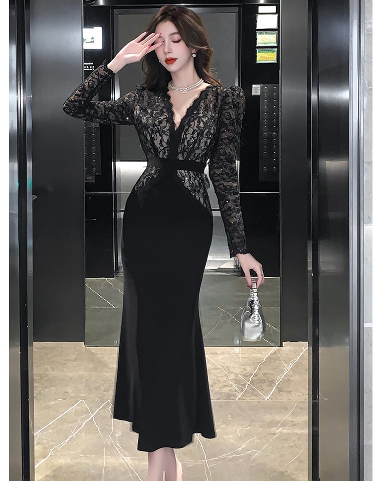 【dress】レース切り替えマーメイドワンピース　M26252