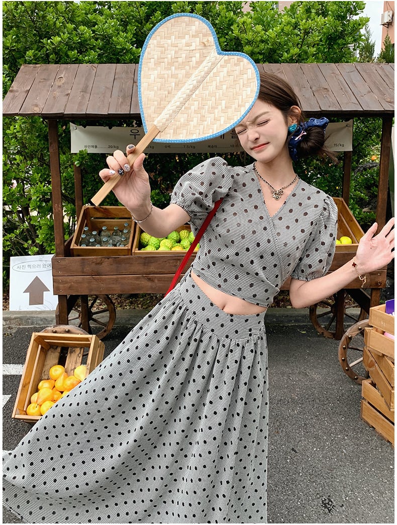 【set】ドット柄トップス×ロング丈スカートセット　M23928