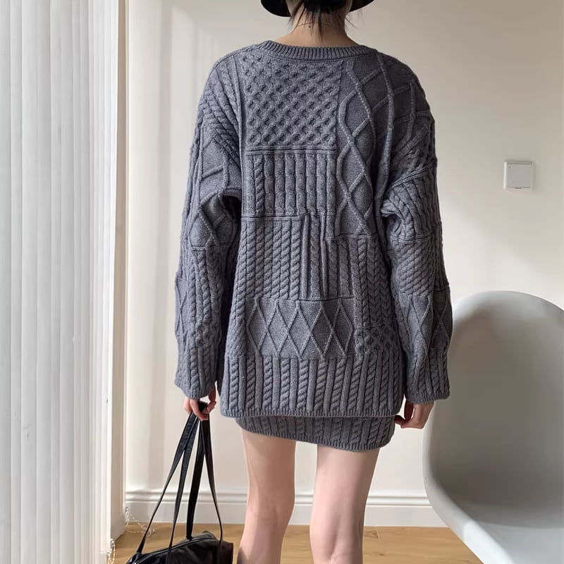 【set】ロングニットトップス×ストレートスカート×レッグウォーマー3点セット Q7720