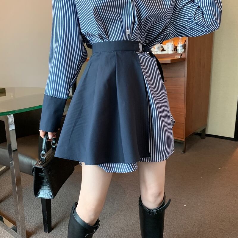 【set】ファッション気質満点個性派スカート+切り替えストライプ柄シャツワンピース２点セット G9207