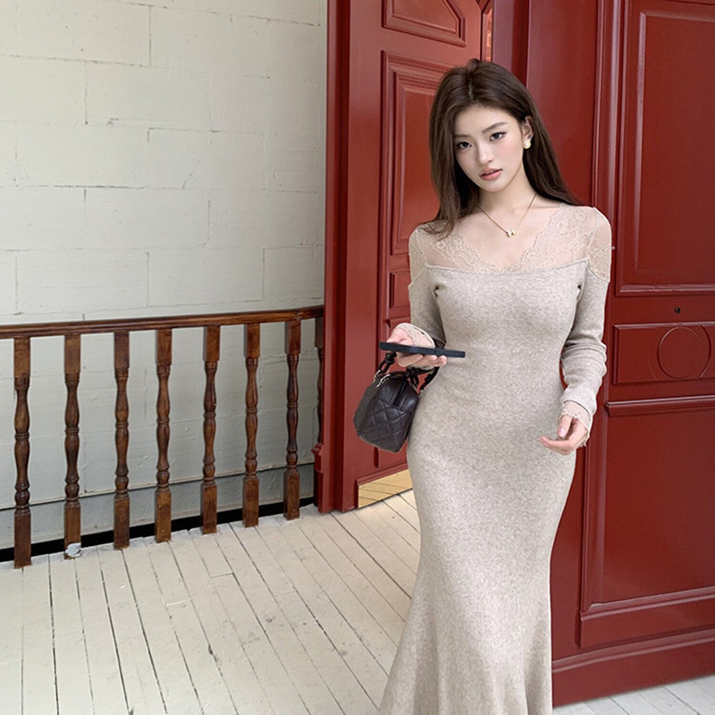 【dress】レースドッキングマーメイドニットワンピース　N2902