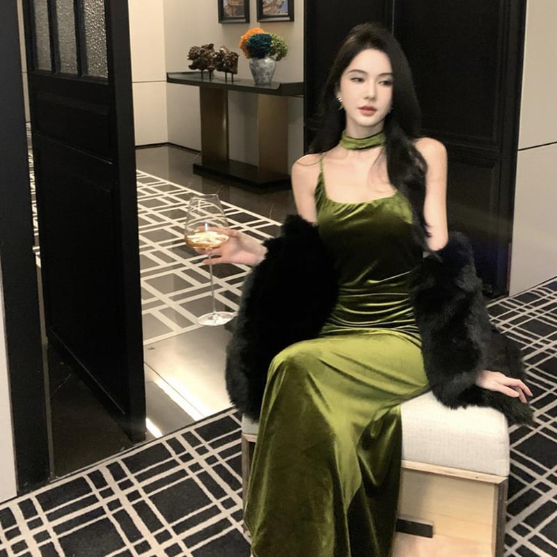 【dress】ベルベットロングキャミワンピース Q7717
