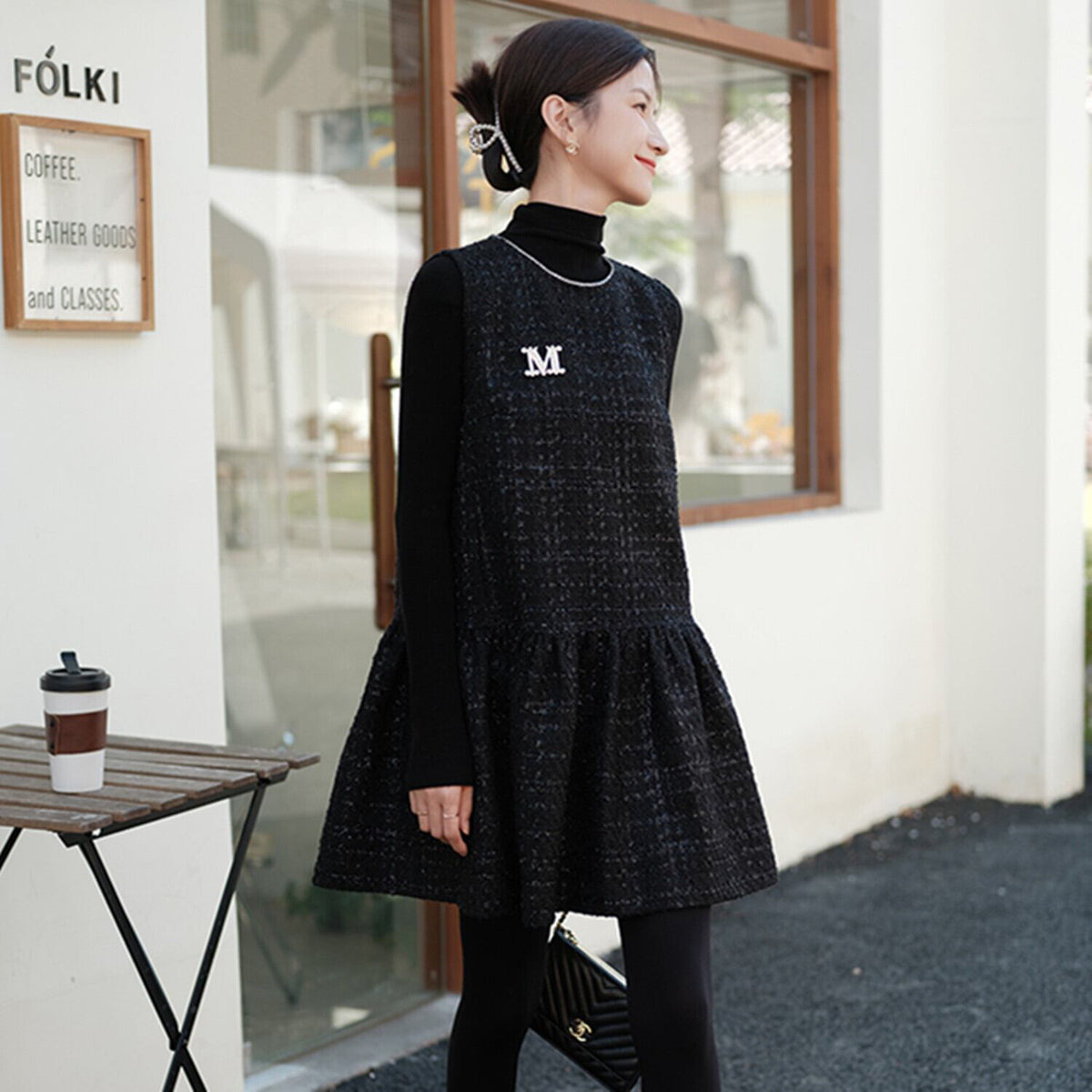 【dress】パールネックノースリーブツイートフレアワンピース　N2815