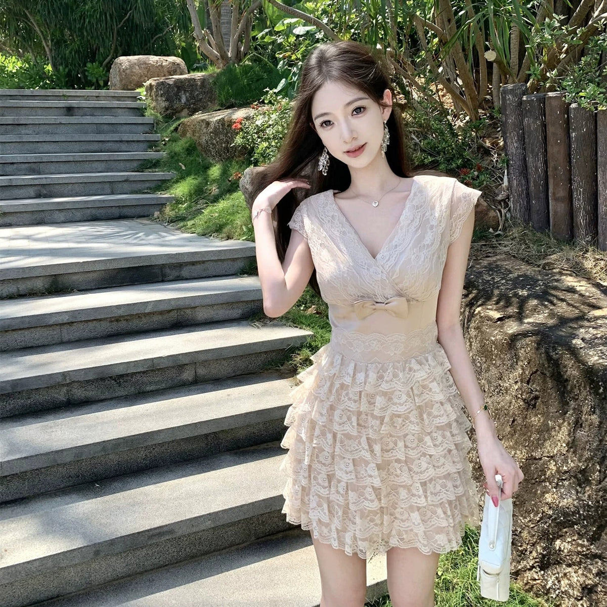 【dress】リボン付きティアードミニワンピース　N3556