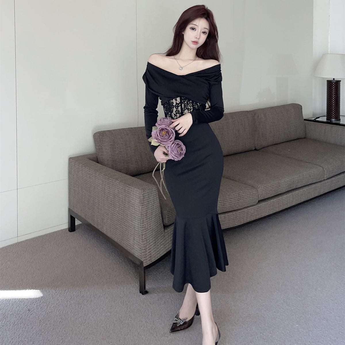 【dress】ウエストレースマーメイドワンピース　N2729