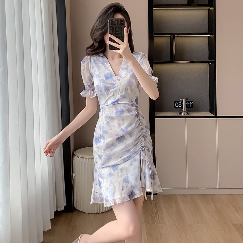 【dress】Vネック花柄シフォンマーメイドワンピース G21275