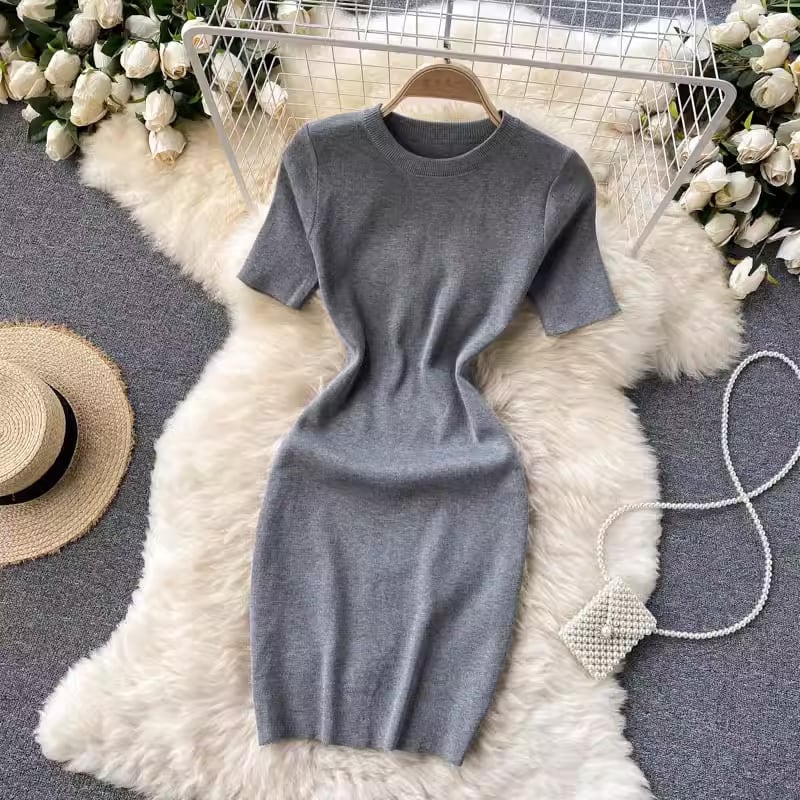 【dress】半袖体型カバーニットワンピースF7525