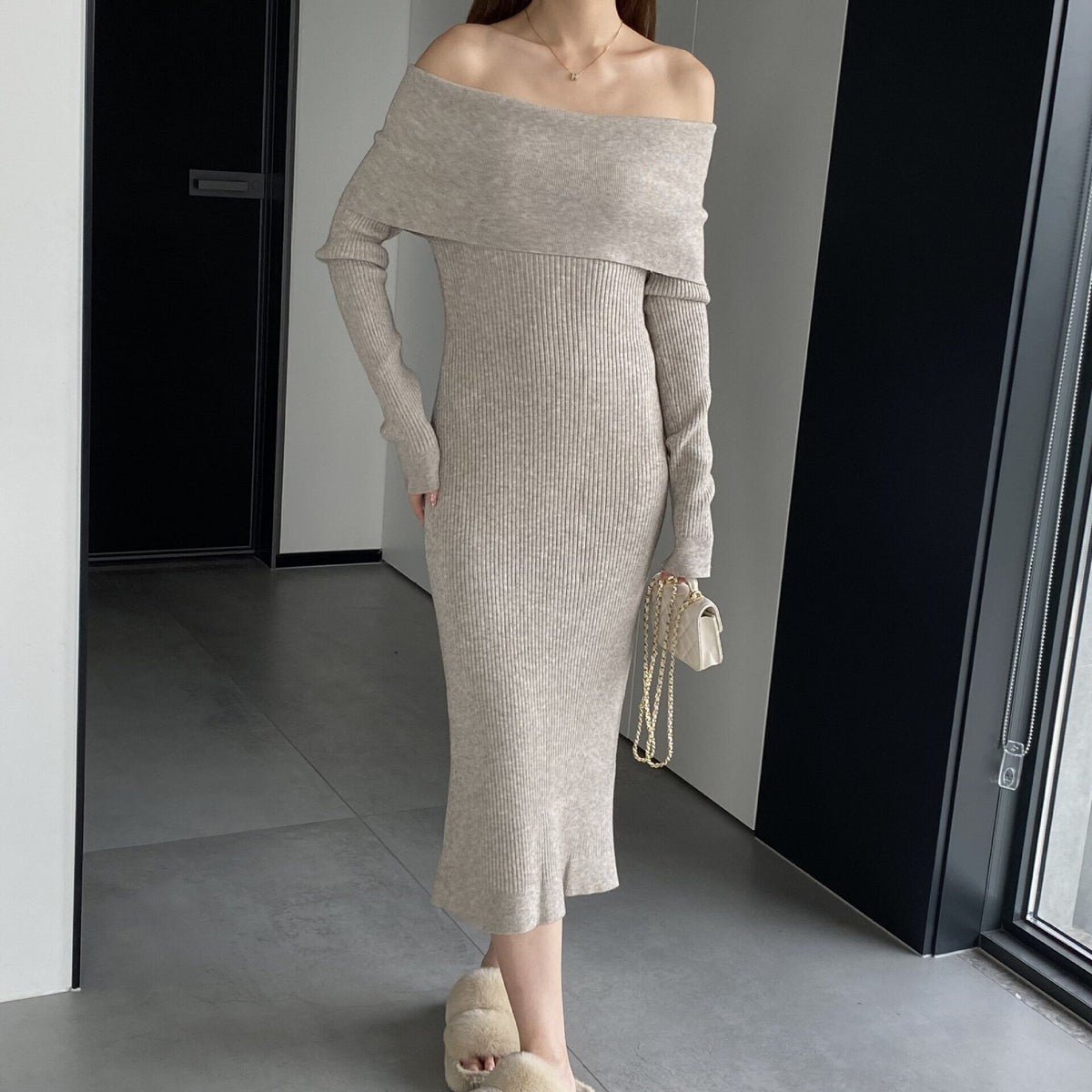 【dress】ボートネックニットワンピース　M18734