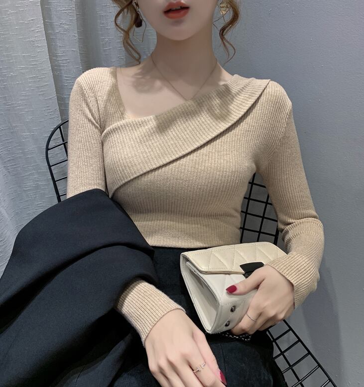 【tops】早い者勝ち! 長袖オブリークネック韓国ファッション着回しゆったりニットセーターW0782