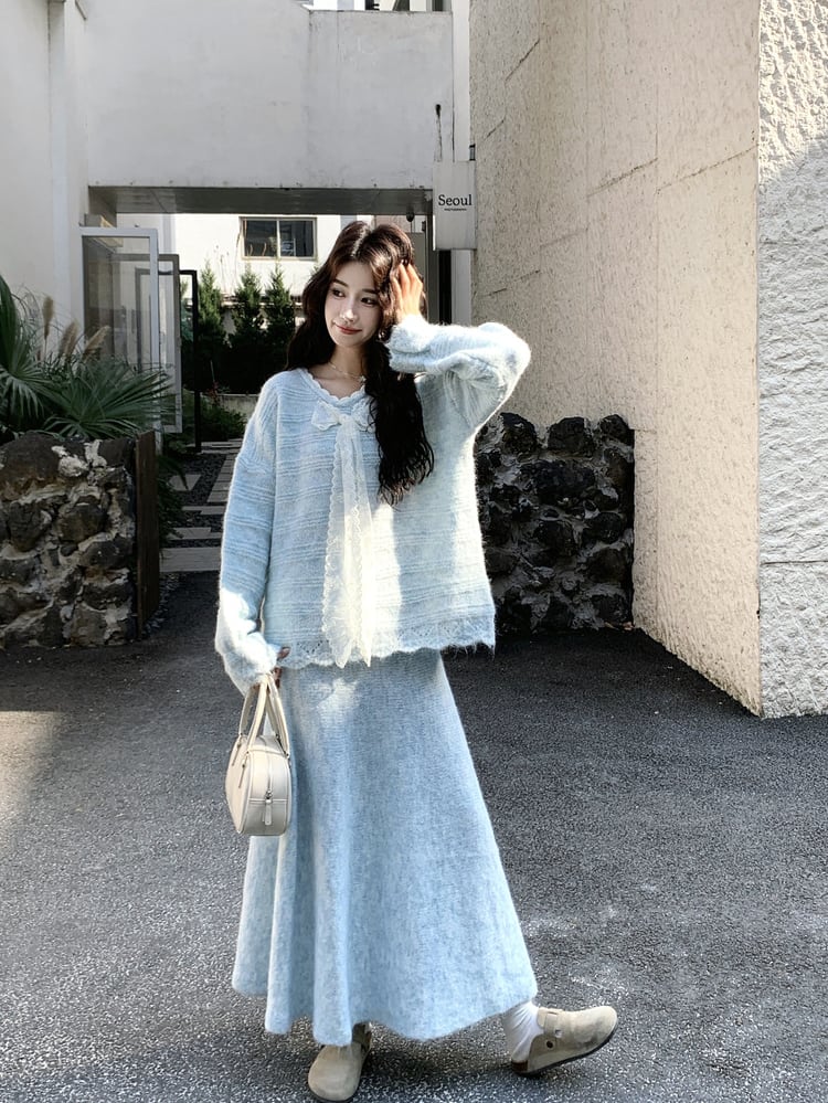【set】レースリボン付きニットトップス×ロングスカートセット Q8226